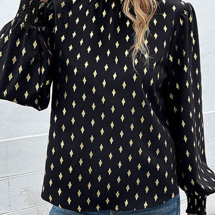 Geometric Print Frill Neck Lantern Sleeve Blouse - MimiStylez