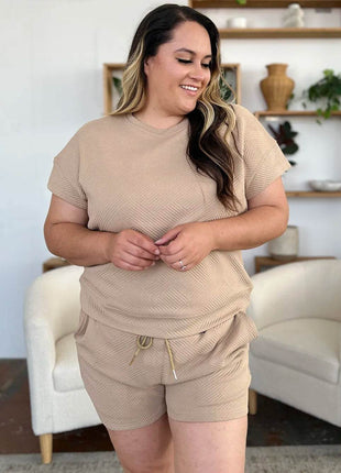 Double Take Full Size Texture Short Sleeve T-Shirt and Drawstring Shorts Set - MimiStylez