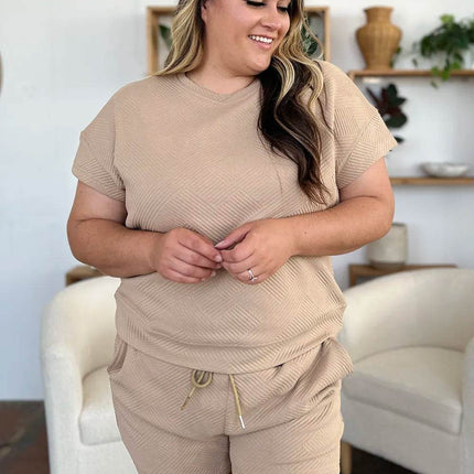 Double Take Full Size Texture Short Sleeve T-Shirt and Drawstring Shorts Set - MimiStylez