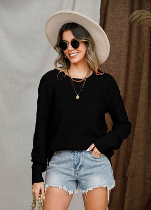 Openwork Round Neck Raglan Sleeve Sweater - MimiStylez