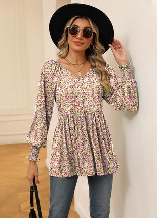 Printed V-Neck Lantern Sleeve Blouse - MimiStylez