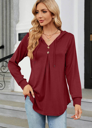 Decorative Button Drawstring Long Sleeve Hoodie - MimiStylez