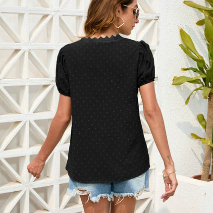 Swiss Dot Lace Detail V-Neck Blouse - MimiStylez