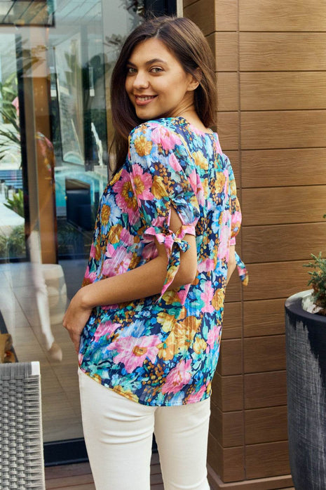 Petal Dew Full Size Floral V-Neck Tie Detail Blouse - MimiStylez