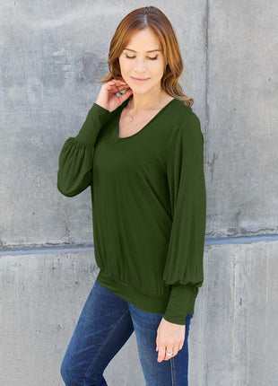 Basic Bae Full Size V-Neck Lantern Sleeve Blouse - MimiStylez