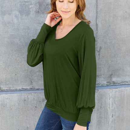 Basic Bae Full Size V-Neck Lantern Sleeve Blouse - MimiStylez