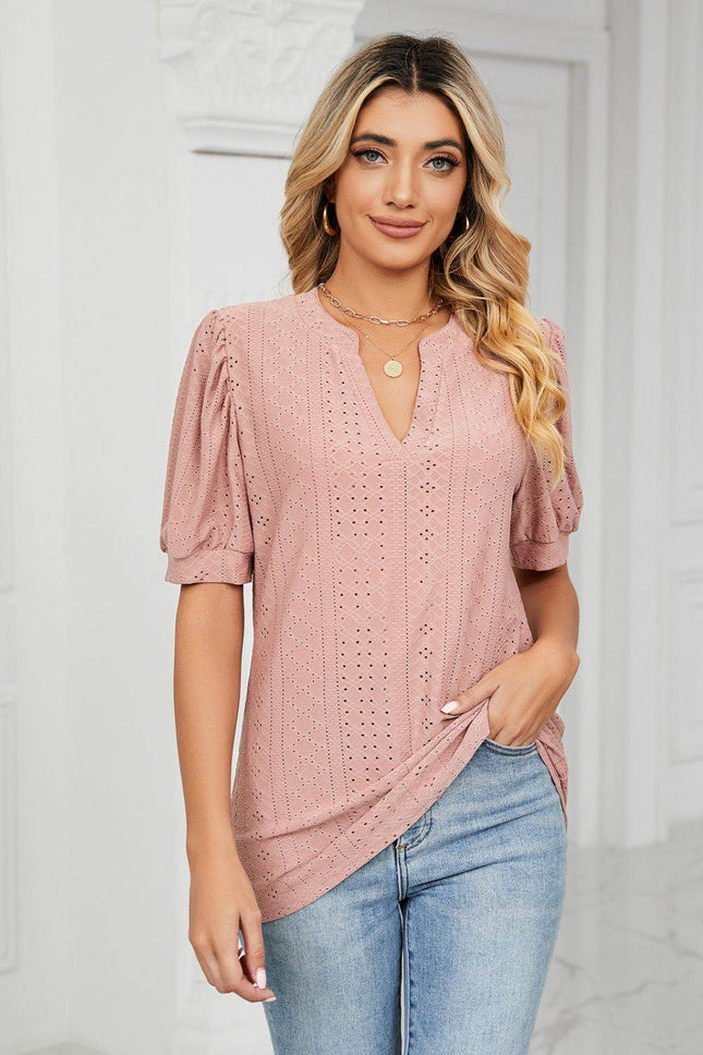 Eyelet Short Puff Sleeve Notched Neck Top - MimiStylez