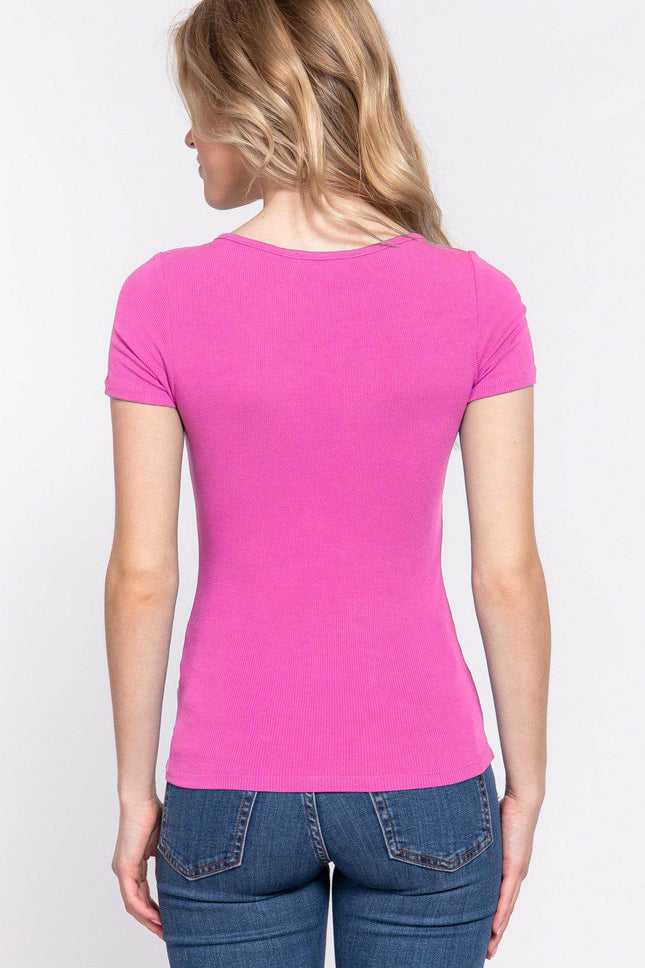 ACTIVE BASIC Lace Up Short Sleeve Rib Knit T-Shirt - MimiStylez