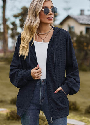 Drawstring Zip Up Dropped Shoulder Hoodie - MimiStylez