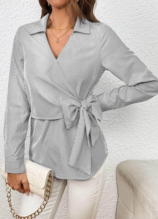 Bow Tie Waist Johnny Collar Neck Striped Blouse - MimiStylez