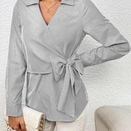 Bow Tie Waist Johnny Collar Neck Striped Blouse - MimiStylez