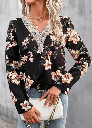 Printed V-Neck Long Sleeve Blouse - MimiStylez