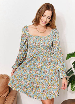 Floral Smocked Flounce Sleeve Square Neck Dress - MimiStylez