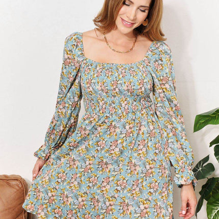 Floral Smocked Flounce Sleeve Square Neck Dress - MimiStylez