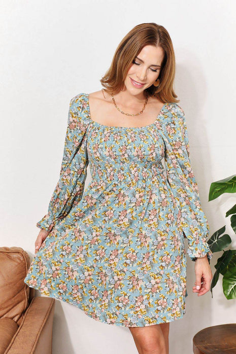 Floral Smocked Flounce Sleeve Square Neck Dress - MimiStylez