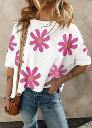 Flower Round Neck Half Sleeve T-Shirt - MimiStylez
