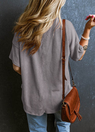 Textured V-Neck Dropped Shoulder T-Shirt - MimiStylez