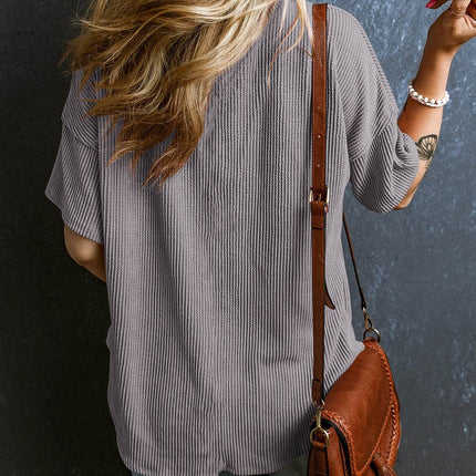 Textured V-Neck Dropped Shoulder T-Shirt - MimiStylez