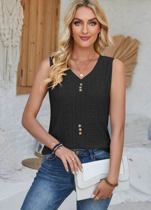 Eyelet Decorative Button V-Neck Tank - MimiStylez
