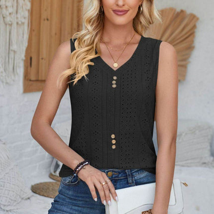 Eyelet Decorative Button V-Neck Tank - MimiStylez