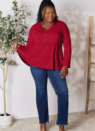 Double Take Half Button Long Sleeve Ruffle Hem Blouse - MimiStylez