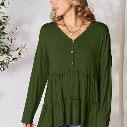 Double Take Half Button Long Sleeve Ruffle Hem Blouse - MimiStylez