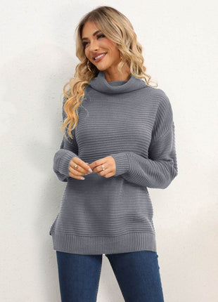 Slit Turtleneck Dropped Shoulder Sweater - MimiStylez
