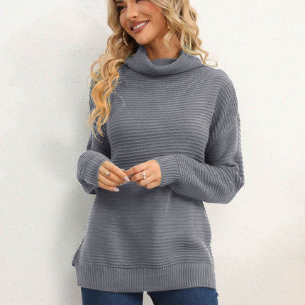 Slit Turtleneck Dropped Shoulder Sweater - MimiStylez