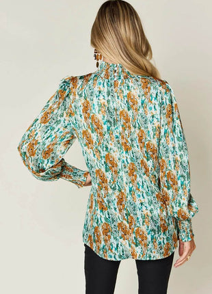 Double Take Full Size Printed Smocked Long Sleeve Blouse - MimiStylez