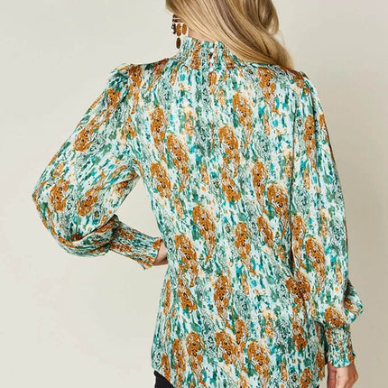 Double Take Full Size Printed Smocked Long Sleeve Blouse - MimiStylez