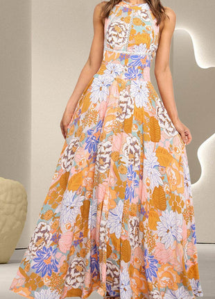 Tied Printed Grecian Sleeveless Maxi Dress - MimiStylez