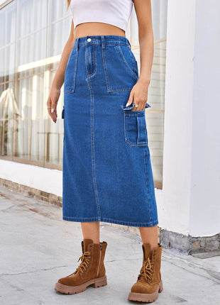 Slit Midi Denim Skirt with Pockets - MimiStylez