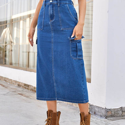 Slit Midi Denim Skirt with Pockets - MimiStylez