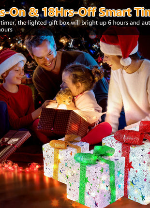 Star-Deer Pattern Options -- Set Of 3 Christmas Lighted Gift Boxes Xmas Present Ornament 50 LED Christmas Box Decorations With Ribbon Bows IP44 Waterproof Battery Powered For Indoor Outdoor Decor