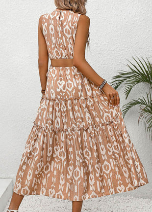 Frill Cutout Printed Round Neck Sleeveless Dress - MimiStylez