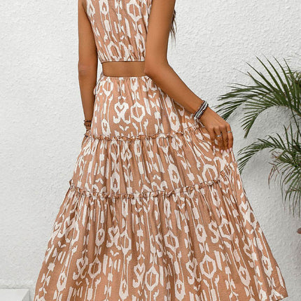 Frill Cutout Printed Round Neck Sleeveless Dress - MimiStylez