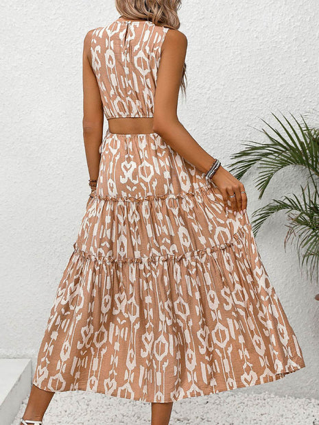 Frill Cutout Printed Round Neck Sleeveless Dress - MimiStylez