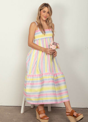 VERY J Striped Woven Smocked Midi Cami Dress - MimiStylez