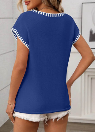 Contrast Trim V-Neck Short Sleeve Knit Top - MimiStylez
