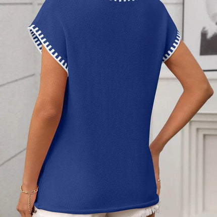Contrast Trim V-Neck Short Sleeve Knit Top - MimiStylez