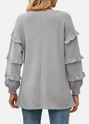 Ruffled V-Neck Long Sleeve T-Shirt - MimiStylez