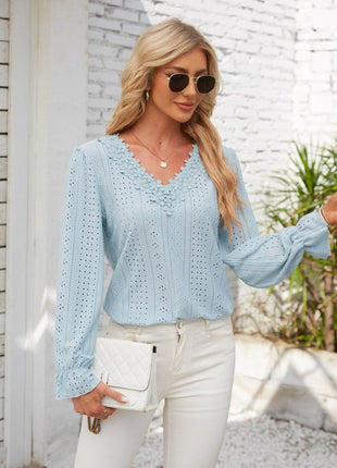 Applique V-Neck Flounce Sleeve T-Shirt - MimiStylez