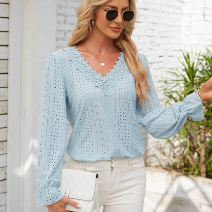 Applique V-Neck Flounce Sleeve T-Shirt - MimiStylez