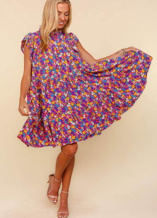 Haptics Frilled Mock Neck Ditsy Floral Dress - MimiStylez
