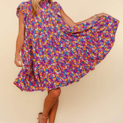 Haptics Frilled Mock Neck Ditsy Floral Dress - MimiStylez