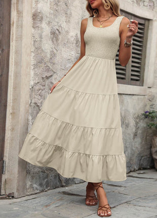 Smocked Scoop Neck Sleeveless Tank Dress - MimiStylez