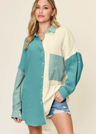 Double Take Full Size Pocketed Texture Button Up Shirt - MimiStylez