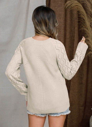 Openwork Round Neck Raglan Sleeve Sweater - MimiStylez