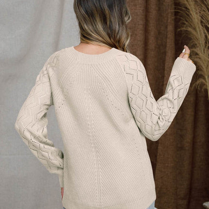 Openwork Round Neck Raglan Sleeve Sweater - MimiStylez