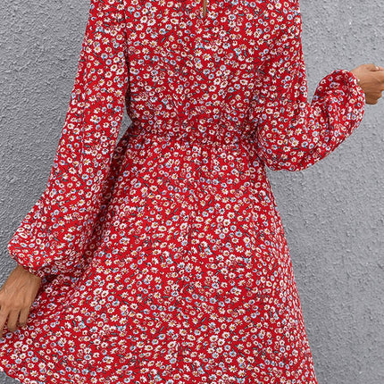 Floral Mock Neck Long Sleeve Dress - MimiStylez